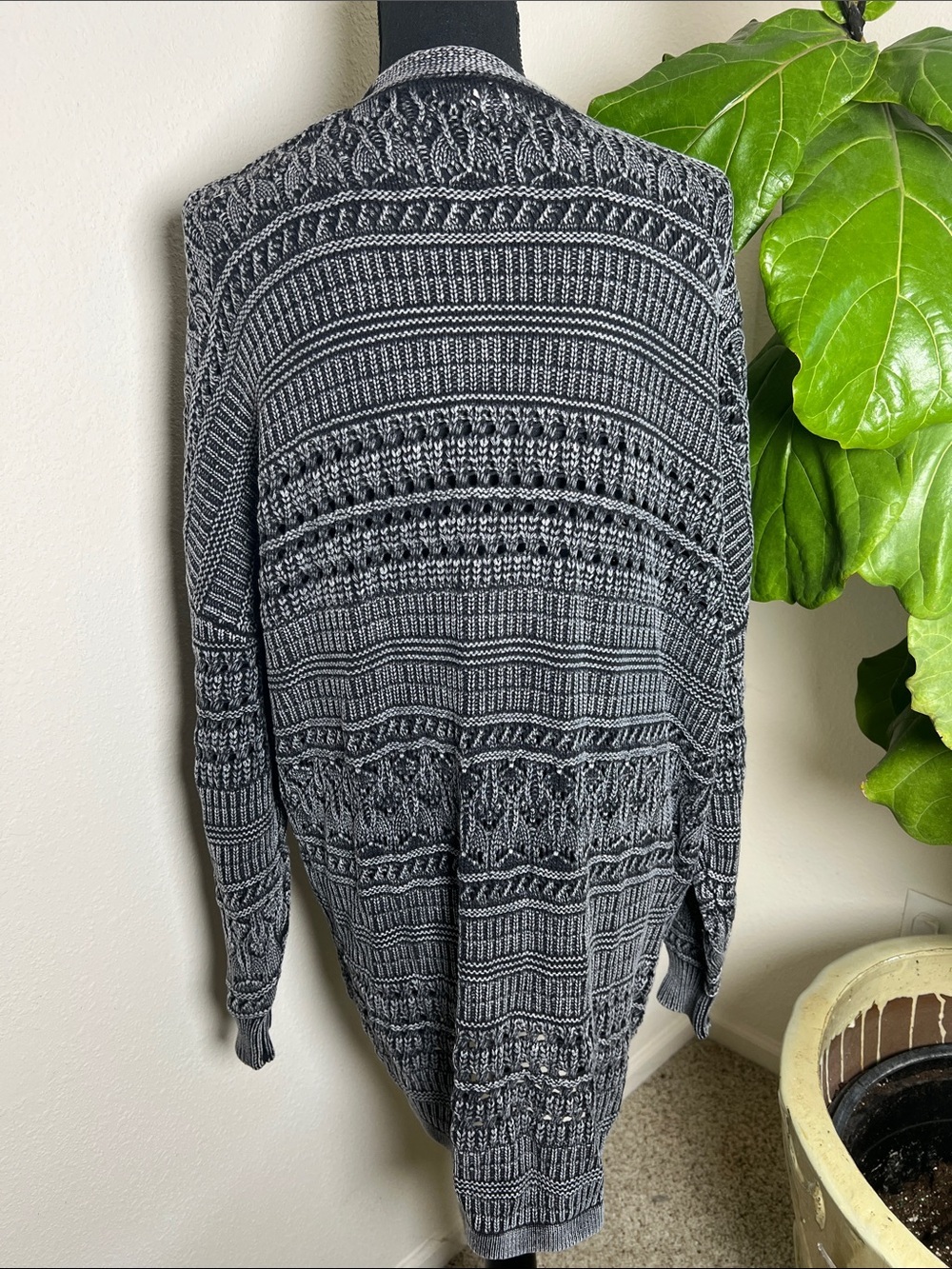 BKE Women’s 100% Cotton Black White Long Loose Knit Cardigan Sweater Medium - Picture 6 of 10